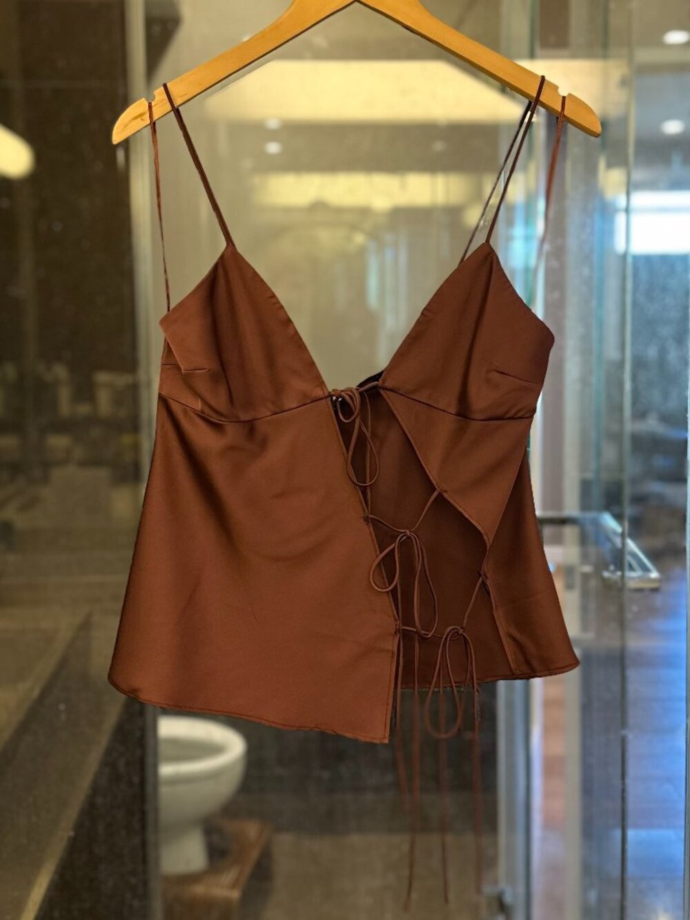 LIONESS Mariah Satin-Feel Asymmetric Cut-Out Tie-Front Cami Top (Garnet Brown) - Picture 8 of 16